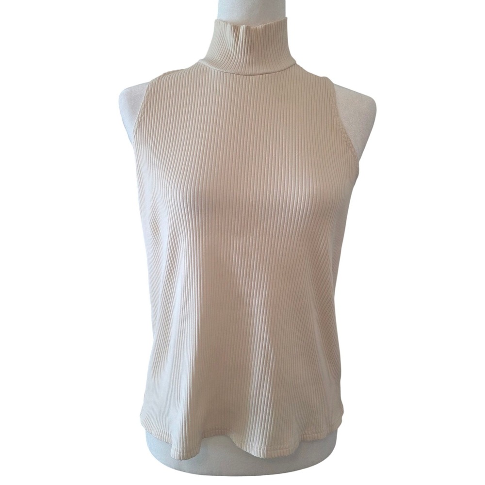 S'EDGE Mock Neck Tank Top Cream Ribbed Minimalist Autumn Fall Turtleneck Large